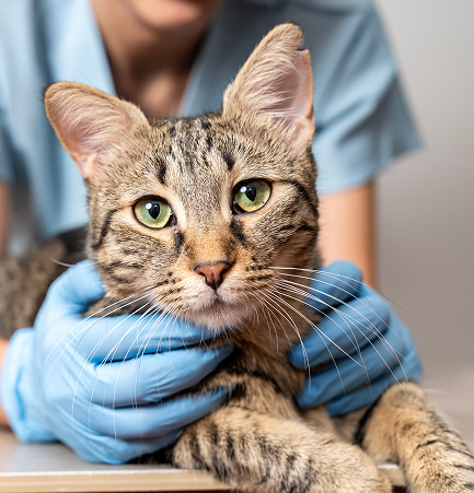 Gatto domestico seduto, lieve primo piano, occhi verdi brillanti, guanti blu tengono l'animale in controlla durante una visita veterinaria.