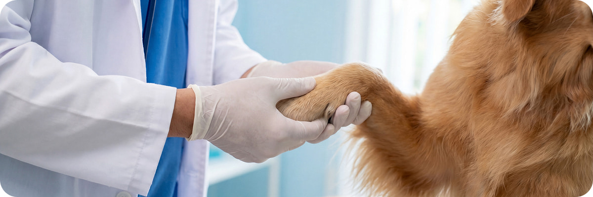 Mano di veterinario in guanti bianchi che tiene zampa di cane dorato durante visita clinica.